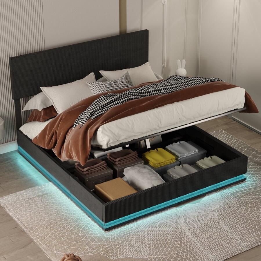 Merax Gestoffeerd Bed 160x200 cm Inclusief Opbergruimte LED Verlichting USB-Lader en Verstelbaar Hoofdbord Donkergrijs Zonder Matras