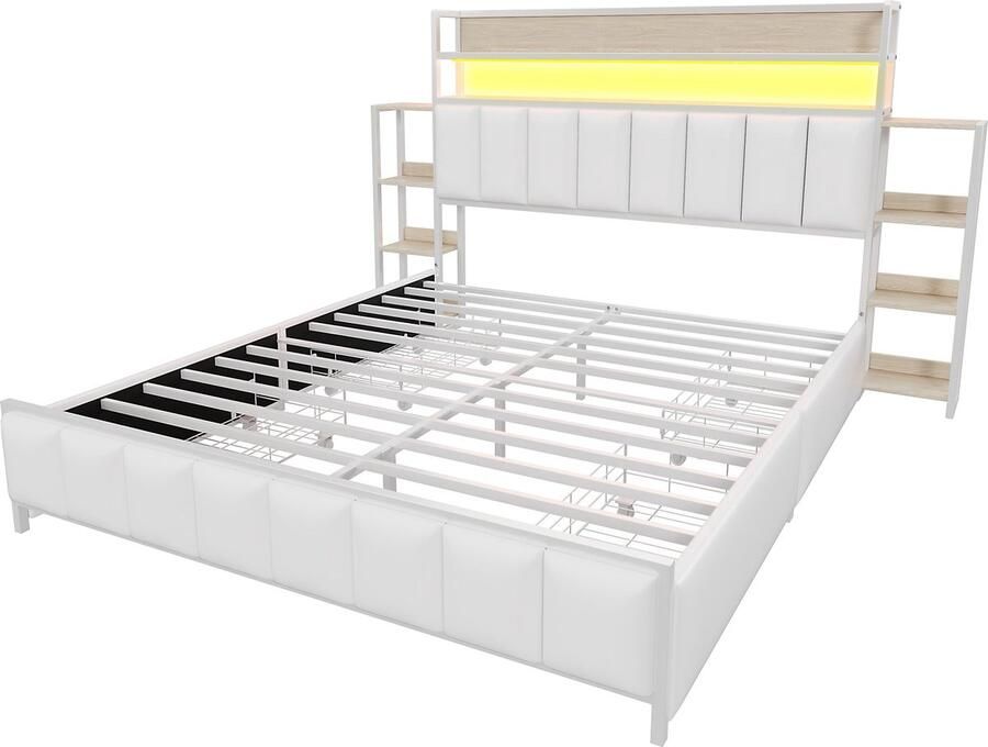 Merax Gestoffeerd Bed 160x200 cm – LED-verlichting Opbergvakken en Schuifladen Hoofdbord met Opbergruimte IJzeren Frame Kunstlederen Afwerking Wit