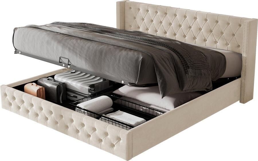 Merax Queensize Tweepersoonsbed 160x200 cm in Chesterfield Uitstraling Fluweel Gestoffeerd Bed met Hydraulische Opbergruimte en Luxe Hoofdbord Beige