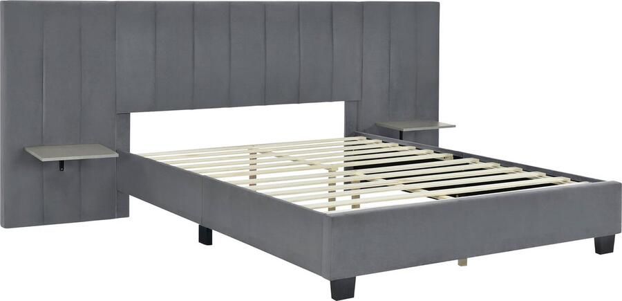 Merax Gestoffeerd Tweepersoonsbed 160x200 cm Luxe Fluwelen Bed met Groot Hoofdbord en Plank aan Beide Zijden Inclusief Lattenbodem Grijs