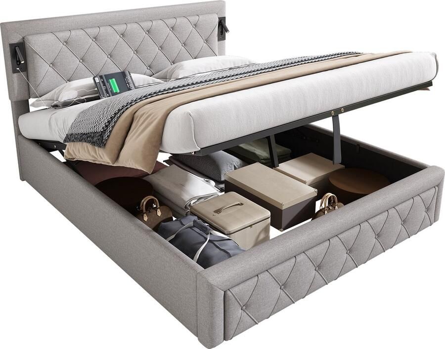 Merax Gestoffeerd Bed 160x200 cm met Downlights – Grijs Linnen – Tweepersoonsbed met USB-aansluiting en Hydraulische Opbergruimte – Verlicht Hoofdbord
