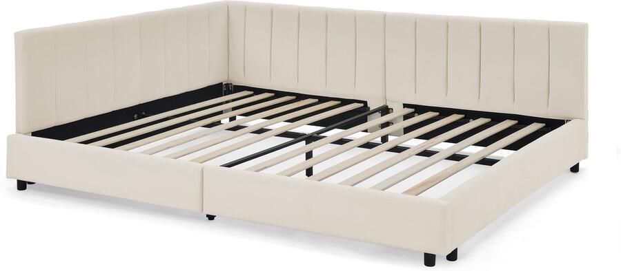 Merax Gestoffeerd Bed 160x200 cm met Hoge Rugleuning Fluwelen Stof Eucalyptus Hout en Metalen Frame Stabiel en Comfortabel Tweepersoonsbed Beige (Zonder Matras)