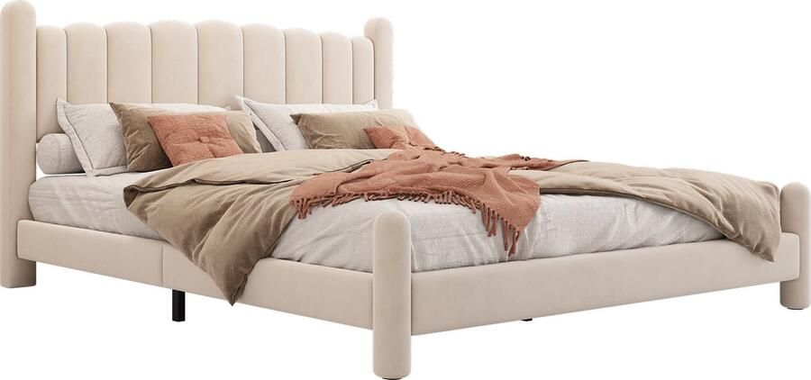 Merax Polsterbett 160*200cm mit Lattenrost und Kopfteil Stilvolles fächerförmiges Kopfteil Zylindrische Stützbeine Samt Beige