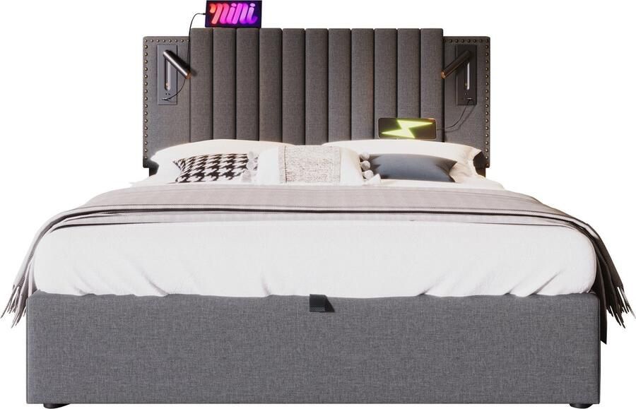Merax Polsterbett 140x200 Doppelbett Stauraum Bettkasten Leselicht mit USB Ladefunktion Kopfteil Rückenlehne mit Nietendesign Bett mit Lattenrost und Bettkasten Baumwolle Grau(Ohne Matratze) - Foto 3