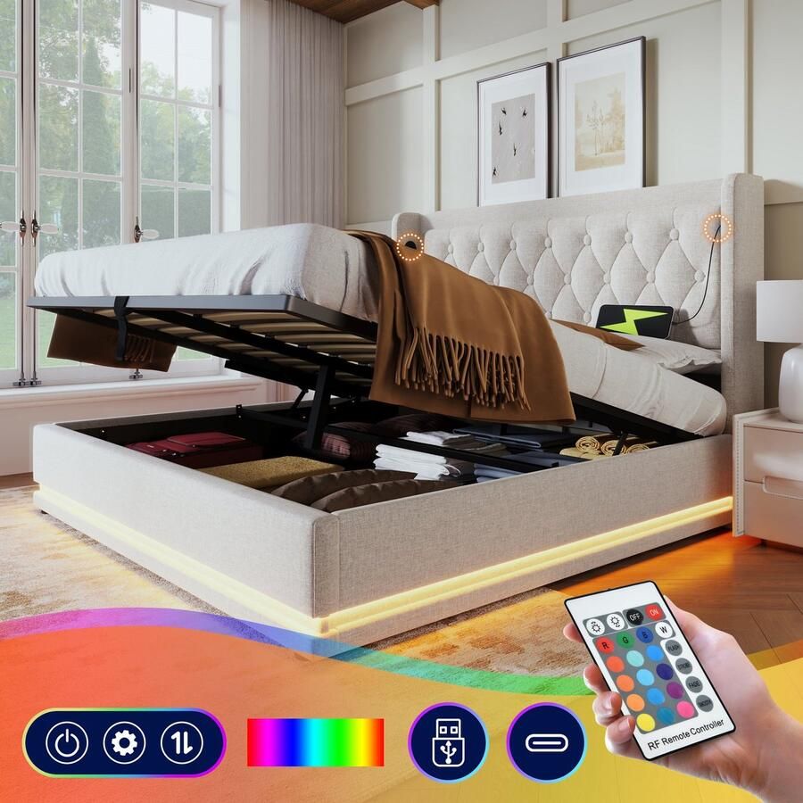 Merax Gestoffeerd Bed 160x200 cm met Hydraulisch Opbergruimte – Tweepersoonsbed met USB-C Aansluiting en 3-zijdige LED-verlichting – Zonder Matras Beige