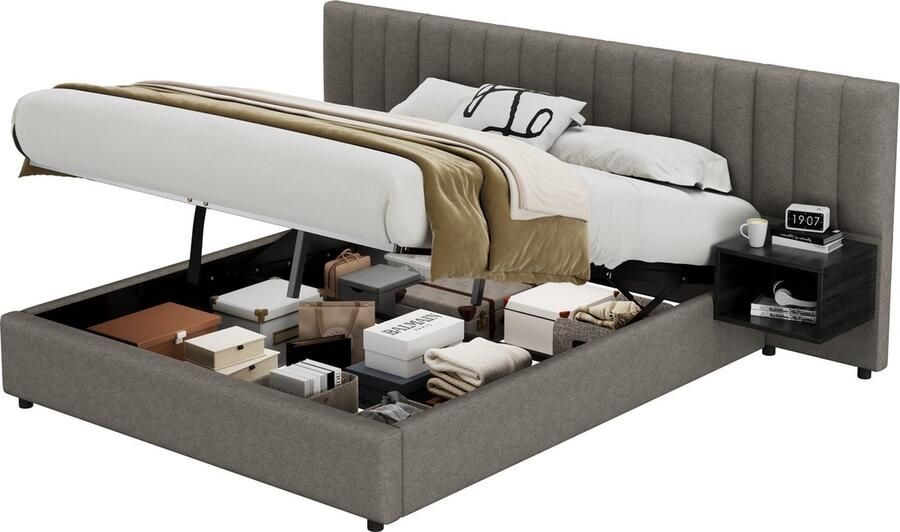 Merax Gestoffeerd Bed 160x200 cm met Hydraulisch Opbergsysteem en Twee Nachtkastjes Grijs Zwart Inclusief Lattenbodem