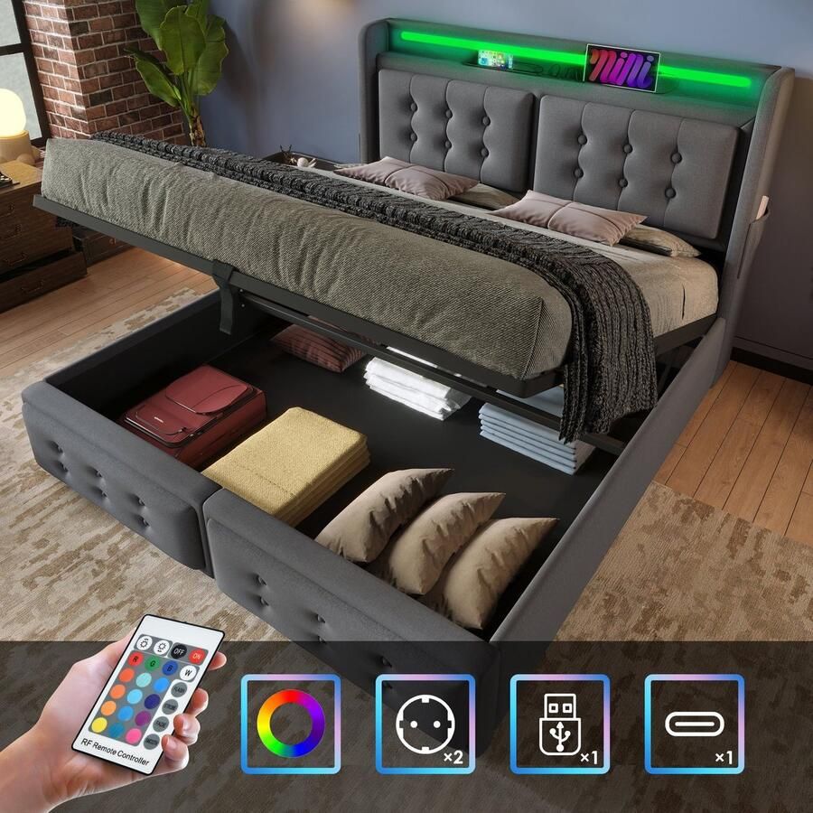 Merax Gestoffeerd Bed 160x200 cm – Tweepersoonsbed met LED-hoofdbord USB-C oplaadfunctie en Hydraulische Opbergruimte Houten Lattenbodem en Metalen Frame 300 kg Draagkracht -Grijs Linnen (Zonder Matras)