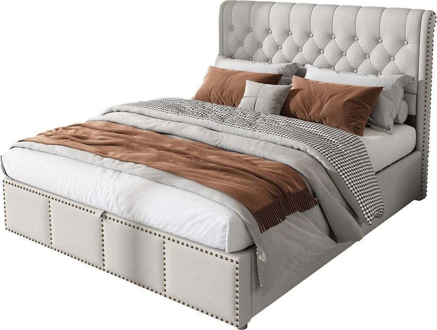 Merax Gestoffeerd Bed 160x200 cm met Hydraulische Opslag Nietenversiering Grijs zonder Matras