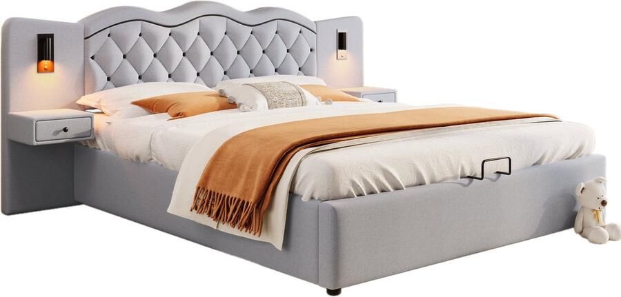 Merax Gestoffeerd Bed 160x200 cm Met Ingebouwd Hoofdbord USB-poorten LED-verlichting en Hydraulische Opbergruimte Grijs