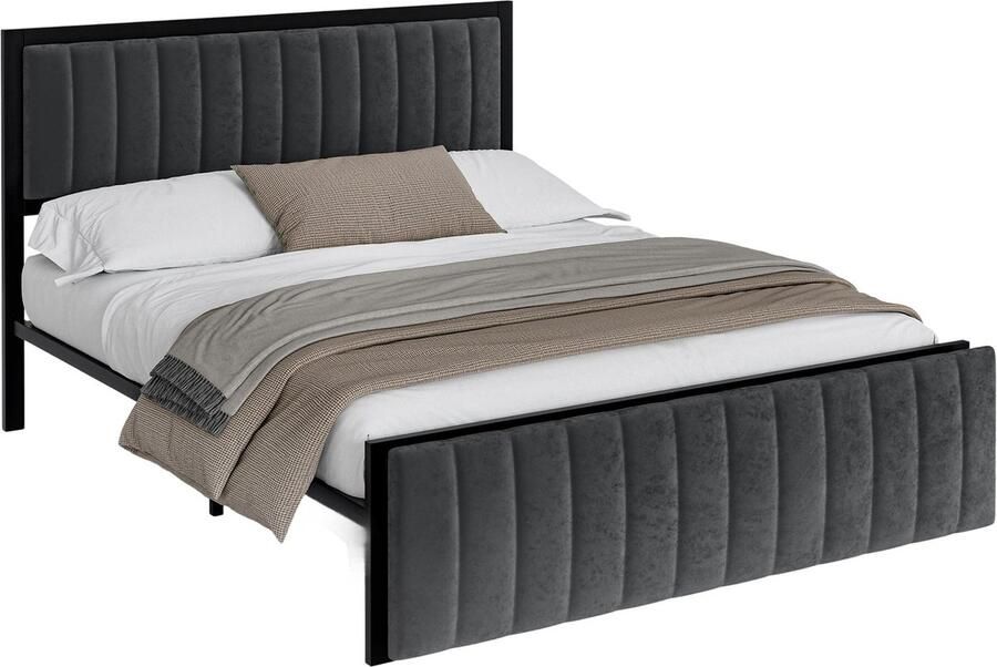 Merax Queensize Tweepersoonsbed 160x200 cm met Uitklapbaar Voeteneinde – Gestoffeerd Bed met Opbergruimte Modern Design Metalen Bedframe Luxe Fluweel Donkergrijs