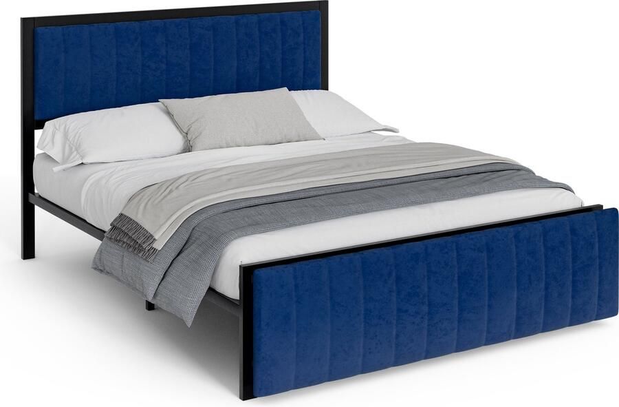 Merax Gestoffeerd Tweepersoonsbed 160x200 cm met Uitklapbaar Voeteneind – Multifunctioneel Queensize Bed met Opbergruimte – IJzeren Frame – Voor Volwassenen en Jongeren – Luxe Fluweel – Blauw