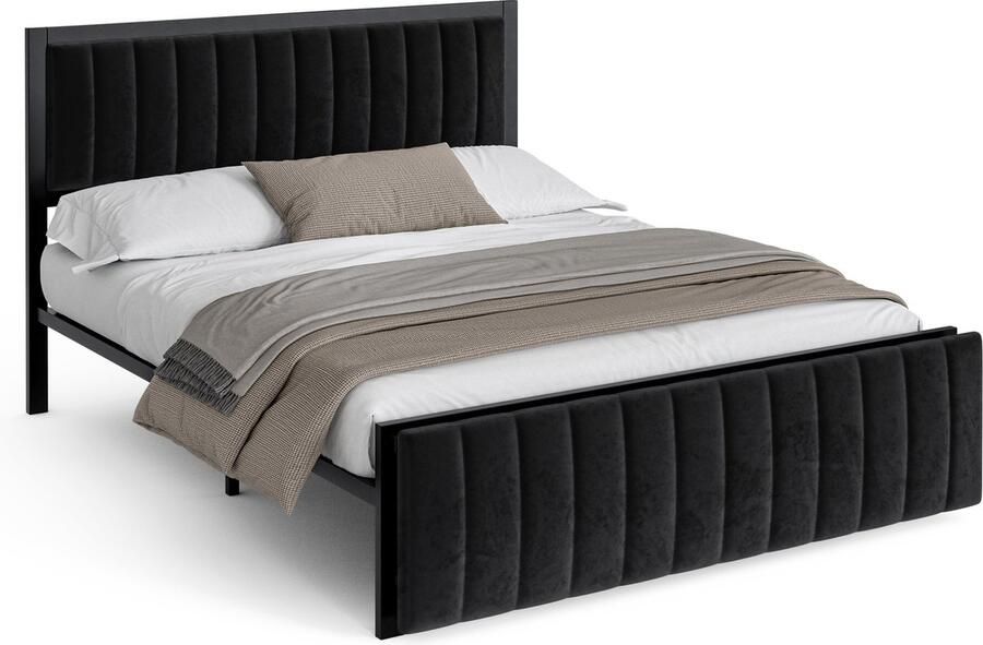 Merax Gestoffeerd Bed 160x200 cm met Klapbare Eindbank – Multifunctioneel Bed met Opbergruimte – Modern Bedframe van IJzer – Voor Volwassenen en Jongeren – Luxe Fluweel – Zwart