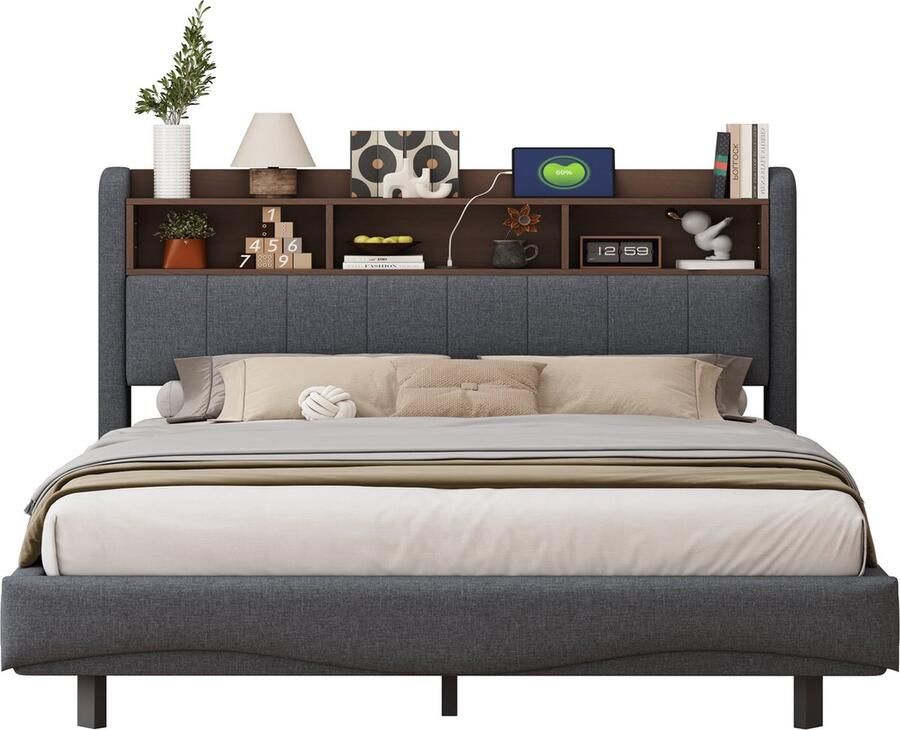 Merax Gestoffeerd Bed 160x200 cm met LED Verlichting en Opbergruimte Tweepersoonsbed met USB- en TYPE-C Aansluitingen Grijs