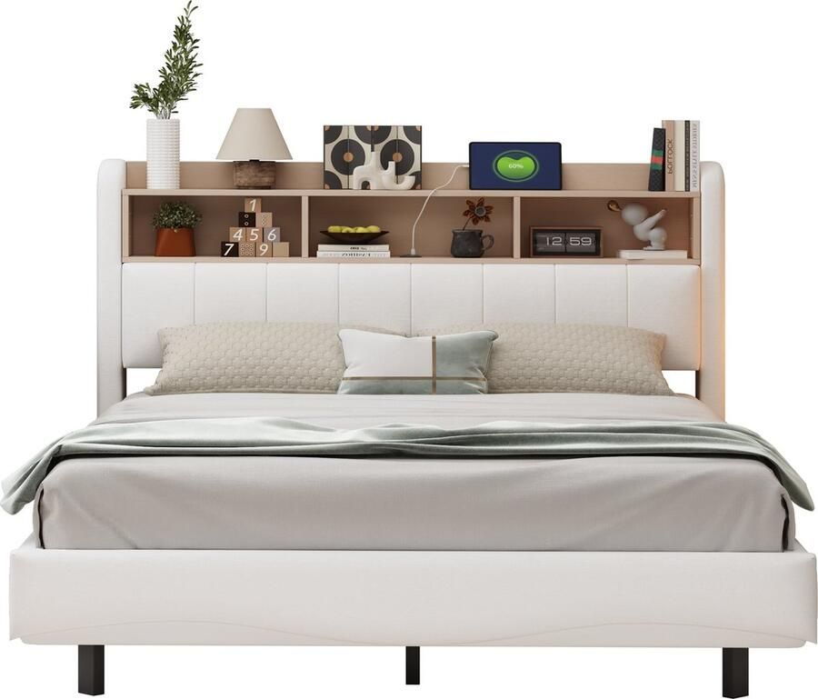 Merax Gestoffeerd Bed 160x200 cm met LED Verlichting en Opbergruimte Tweepersoonsbed met USB- en TYPE-C Aansluitingen Beige