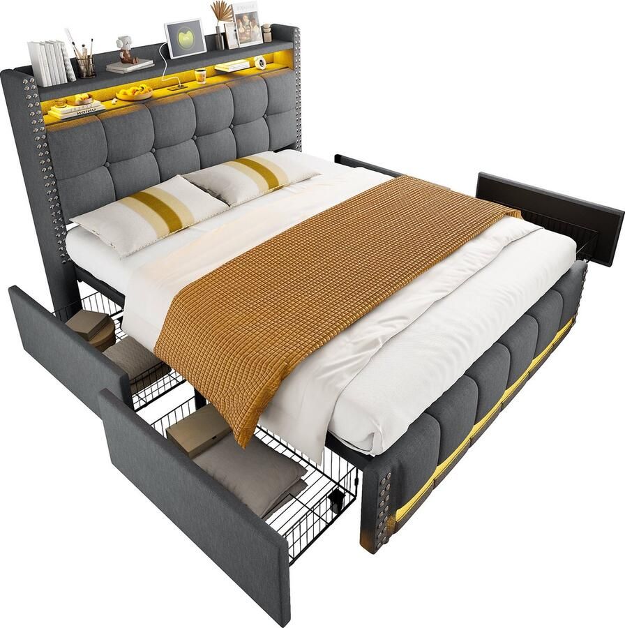 Merax Gestoffeerd Bed 160x200 cm met LED Verlichting en USB Aansluiting Tweepersoonsbed met 4 Lades en Hoofdbord met Opbergruimte Grijs