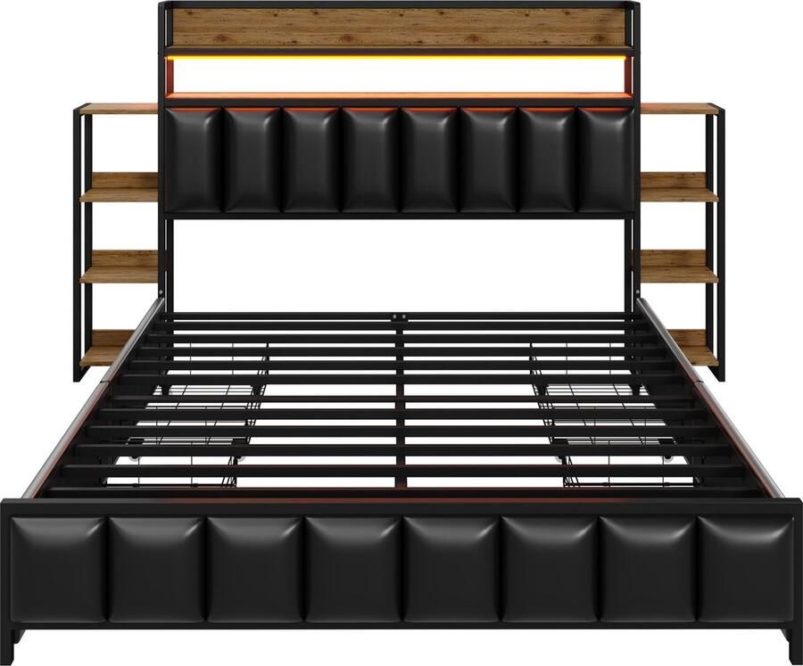 Merax Gestoffeerd Bed 160x200 cm met LED-Verlichting Opbergruimte in Hoofdbord en Zijkanten Kunstleren Bekleding Zwart (zonder matras)