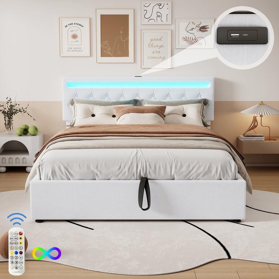 Merax Gestoffeerd bed 160x200 cm met LED-verlichting verstelbare hoofdbord met USB-aansluiting met opbergruimte wit zonder matras