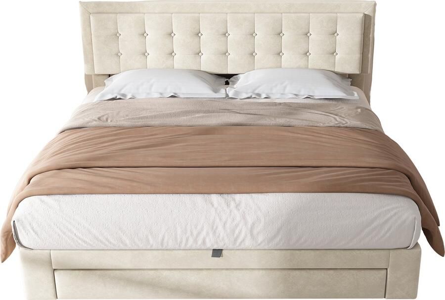 Merax Gestoffeerd Tweepersoonsbed 160x200 cm met Hydraulische Opbergruimte Fluwelen Stof Bed met Verstelbaar Hoofdbord Beige - Foto 2