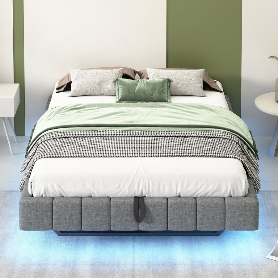 Merax Gestoffeerd bed 180x200 cm met opbergruimte zwevend bedframe met LED-verlichting zonder rugleuning tweepersoonsbed Grijs zonder matras