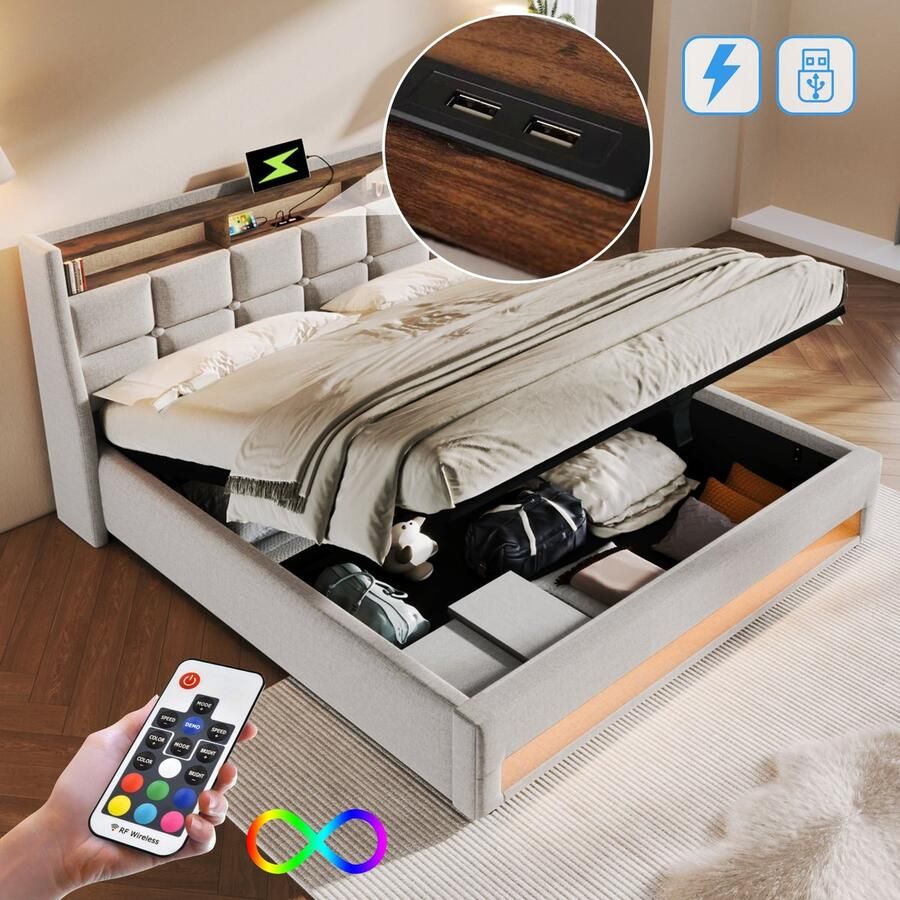 Merax Gestoffeerd Bed 160x200 cm met USB-aansluiting en LED Verlichting Tweepersoonsbed met Hydraulisch Opbergruimte en Houten Lattenbodem Beige