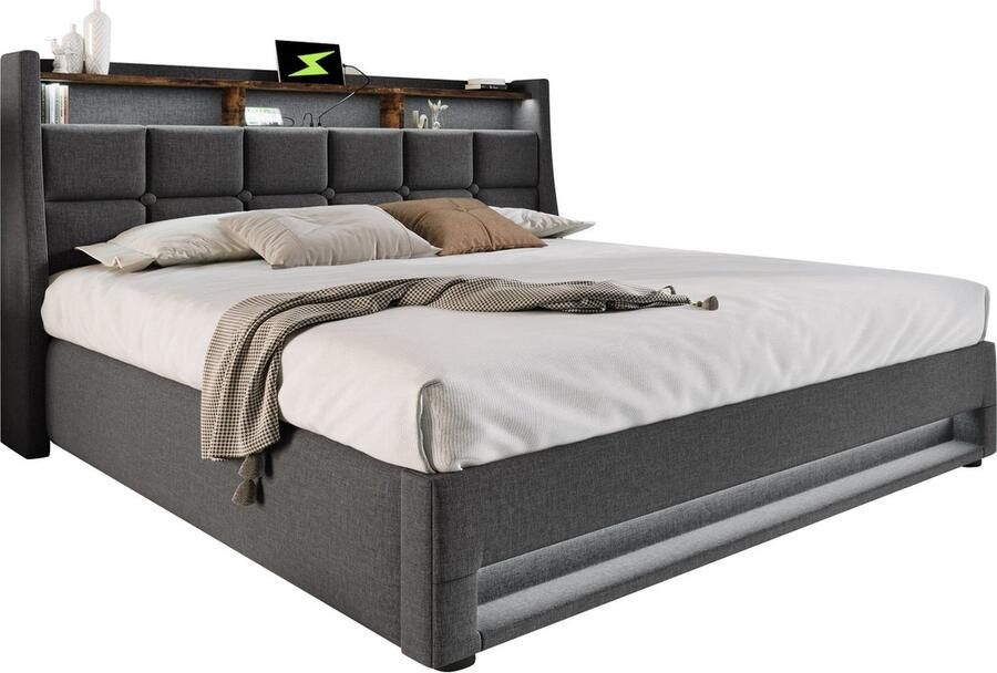 Merax Gestoffeerd Bed met USB Aansluiting 180x200 cm Tweepersoonsbed met LED Verlichting en Houten Lattenbodem Grijs Linnen Zonder Matras