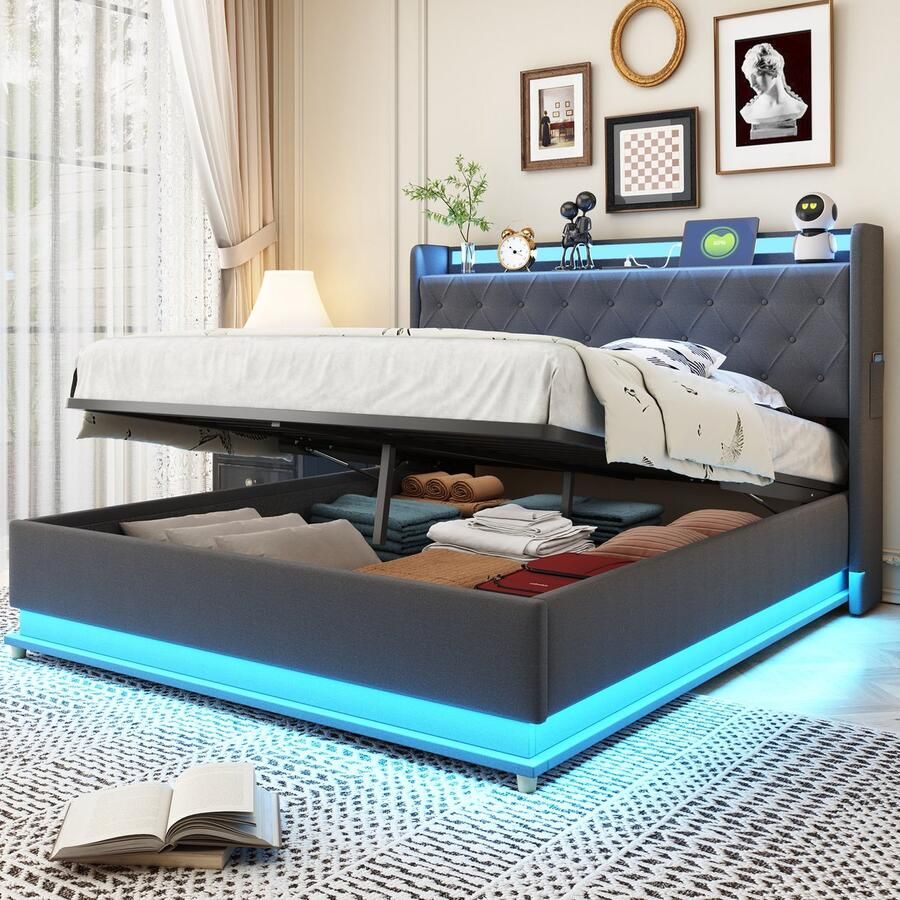 Merax Gestoffeerd bed 140x200 cm met USB-oplaadpoort en opbergruimte met LED-verlichting grijs zonder matras