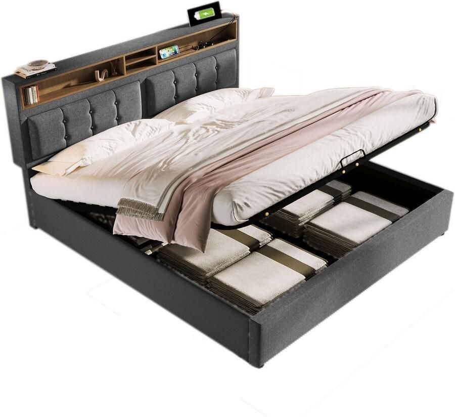 Merax Gestoffeerd Bed met Verstelbaar Hoofdbord en USB C Oplaadfunctie 140 x 200 cm Grijs Met Lattenbodem Zonder Matras