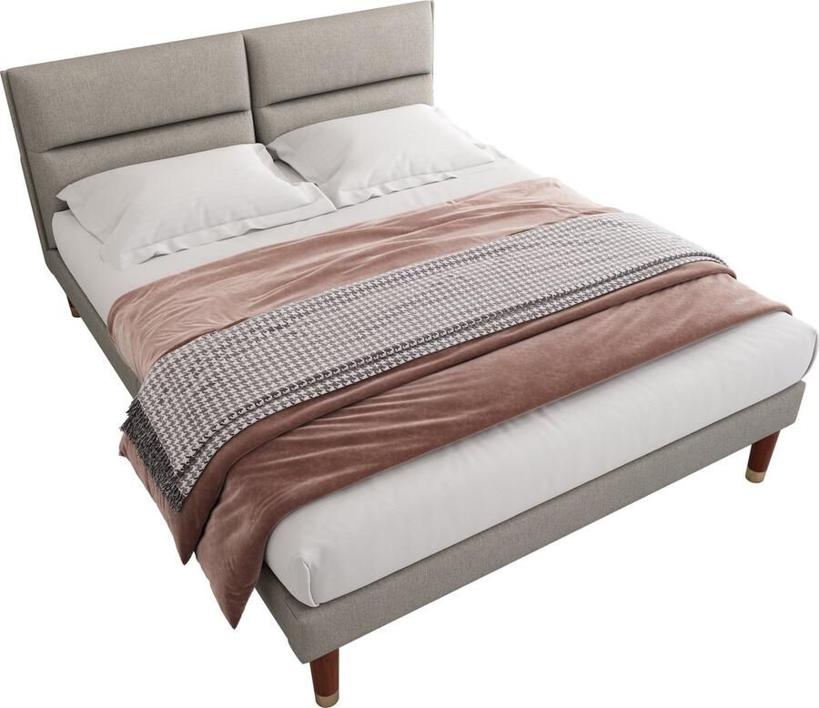 Merax Gestoffeerd Tweepersoonsbed 160x200 cm met Verstelbaar Hoofdbord en Nekondersteuning Linnen Bed met Houten Lattenbodem Beige-Grijs