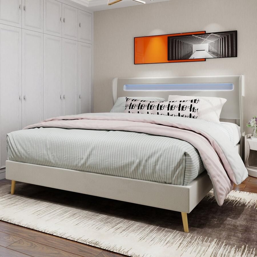 Merax Gestoffeerd Bed 160x200 cm – Modern Platformbed met LED-Verlicht Hoofdbord – Verstelbaar Stevig en Comfortabel – Beige