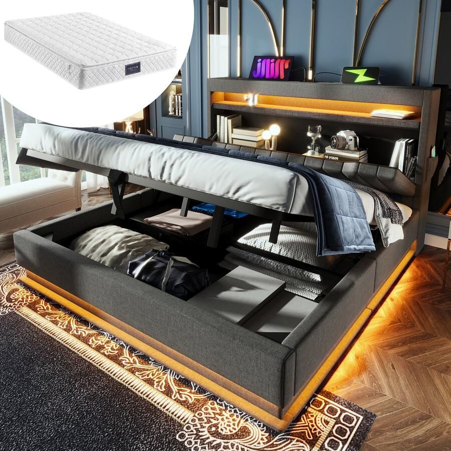 Merax Gestoffeerd bed 160x200 cm tweepersoonsbed met USB- en Type-C-poorten LED-verlichting met opbergruimte grijs met matras