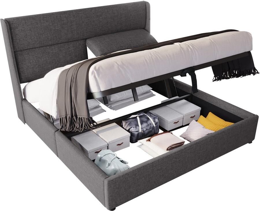 Merax Gestoffeerd Bed 160x200 cm – Verstelbare Hoofdborden – Bed met Opbergruimte – Hydraulisch Systeem – Grijs Linnen – Metalen Lattenbodem – Zonder Matras