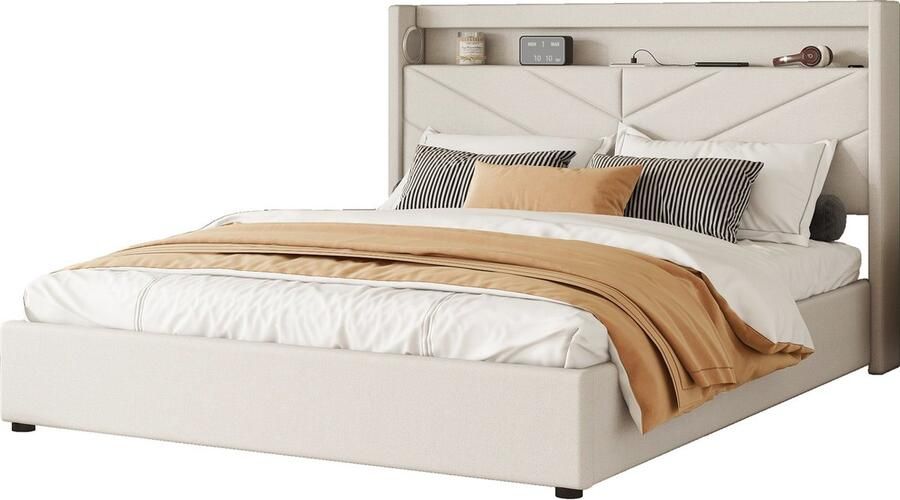Merax Gestoffeerd Bed 160x200 cm Zonder Matras Hydraulisch Bed met Opbergruimte LED-Verlichting met Afstandsbediening Inclusief USB en Stereo-installatie Beige