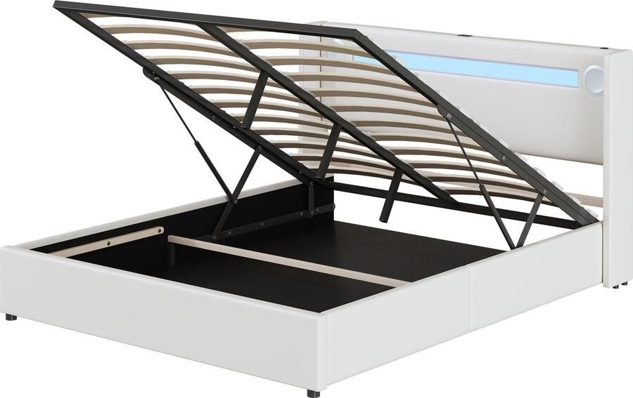 Merax Gestoffeerd Tweepersoonsbed 160x200 cm met LED Verlichting en Bluetooth Speler Kunstleer Gestoffeerd Bed met USB Aansluiting Wit