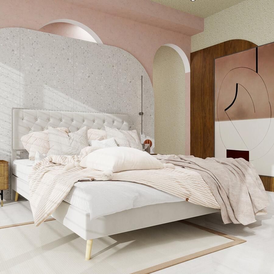 Merax 160x200cm Gestoffeerd Bed – Beige – Comfortabel Hoofdeinde – Laag Bedframe Zonder Opbergruimte – Multifunctioneel Slaapmeubel – Matras Niet Inclusief