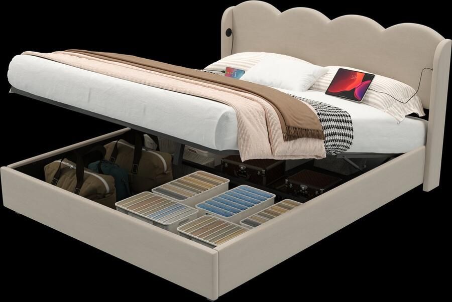 Merax Gestoffeerd Tweepersoonsbed 160x200cm Modern Queensize Bed met Golvend Hoofdbord en Opbergruimte Hydraulisch Systeem LED Verlichting en USB-Lader Fluwelen Stof Beige