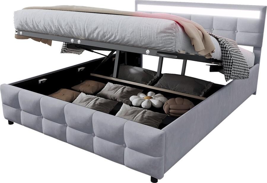 Merax Gestoffeerd Bed 180 x 200 cm LED-Verlichting Lattenbodem en Hydraulisch Opslagsysteem Grijs Hollands Fluweel