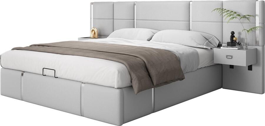 Merax Gestoffeerd Bed 180 x 200 cm met Hydraulische Opbergruimte Twee Nachttafels Houten Lattenbodem Kunstleer en Roestvrij Staal Grijs