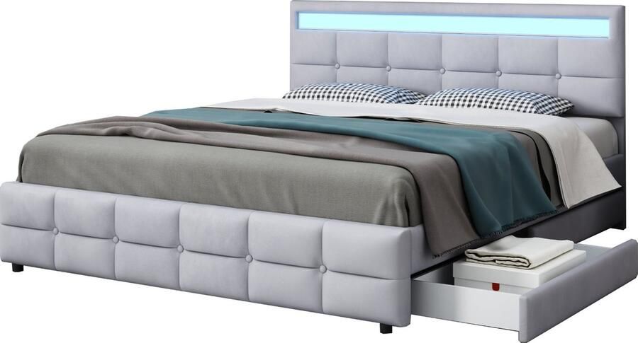 Merax Gestoffeerd Bed 180 x 200 cm met LED Verlichting 4 Opberglades Houten Lattenbodem en Rugleuning Fluweel Stof voor Volwassenen en Tieners Grijs