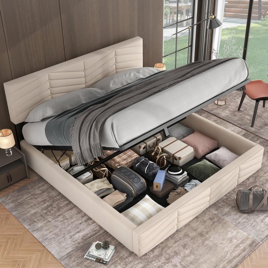 Merax Gestoffeerd bed 180 x 200 cm Tweepersoonsbed opbergbed met veel opbergruimte Verstelbaar hoofdeinde Zonder matras Beige