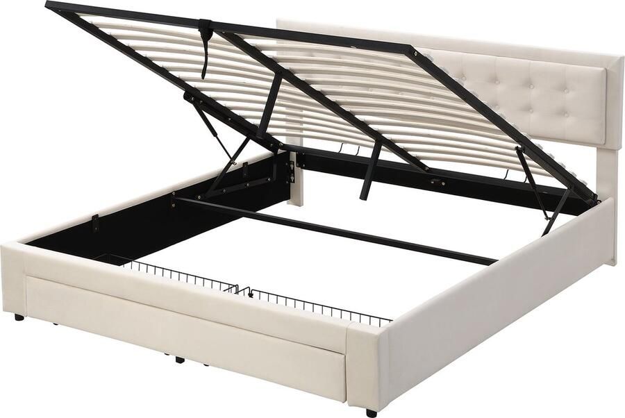 Merax Kingsize Tweepersoonsbed 180x200 cm – Fluweel Gestoffeerd Bed met Hydraulische Opbergruimte Schuiflade en Verstelbaar Hoofdbord Beige