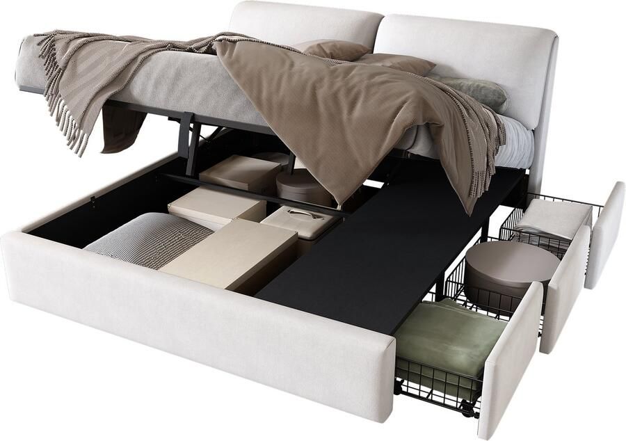 Merax Gestoffeerd bed 180x200 cm drie lades met opbergruimte lattenbodem met hoofdeinde zonder matras beige
