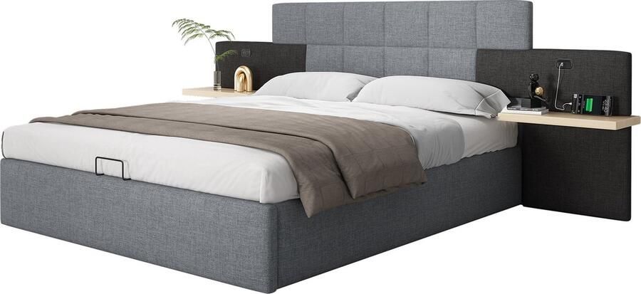Merax Gestoffeerd Bed 180x200 cm Hydraulisch Breed Bed met Houten Nachtkastjes USB-oplaadpoorten Bed met Opbergruimte Houten Lattenbodem Bekleed met Linnen Lichtgrijs + Donkerzwart