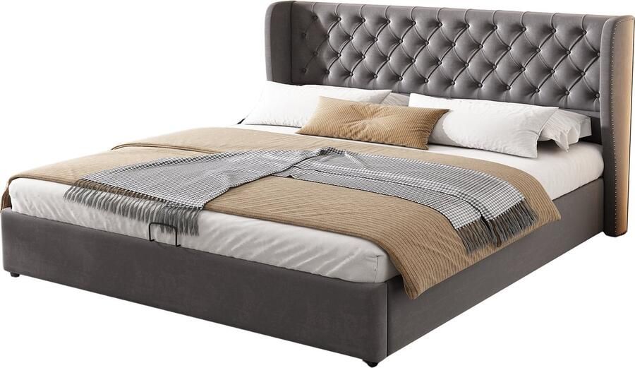 Merax Gestoffeerd Bed 180x200 cm in Chesterfield Stijl Functiebed met Opbergruimte Hydraulische Lift en Lattenbodem Samtstof Grijs