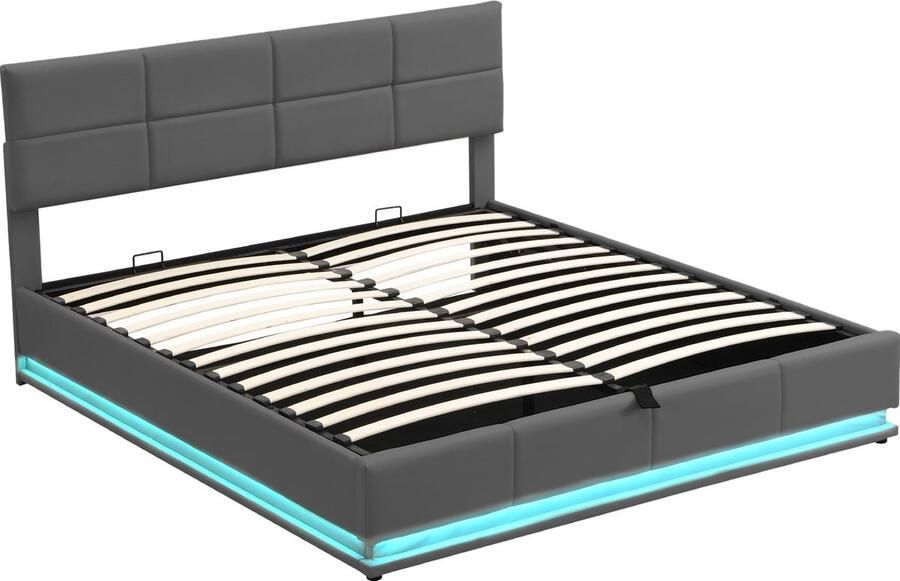 Merax Gestoffeerd Bed 180x200 cm met Hydraulische Opbergruimte – Kunstleer -– Tweepersoonsbed met LED Verlichting en Verstelbaar Hoofdbord – Grijs - Foto 2