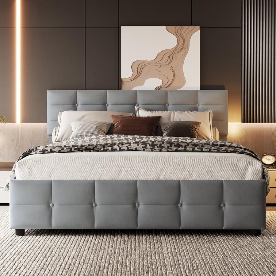 Merax Gestoffeerd bed 180x200 cm lattenbodem eenpersoonsbed grijs zonder matras