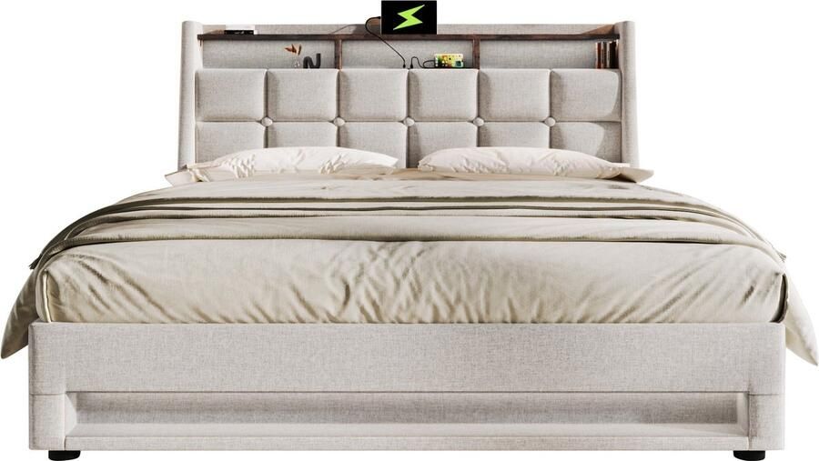 Merax Kingsize Tweepersoonsbed 180x200 cm Gestoffeerd Bedframe met USB en LED Verlichting Bed met Metalen Lattenbodem Beige