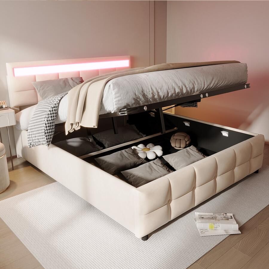 Merax Gestoffeerd bed 180x200 cm LED-verlichting tweepersoonsbed hoofdeinde met hoogteverstelling beige zonder matras