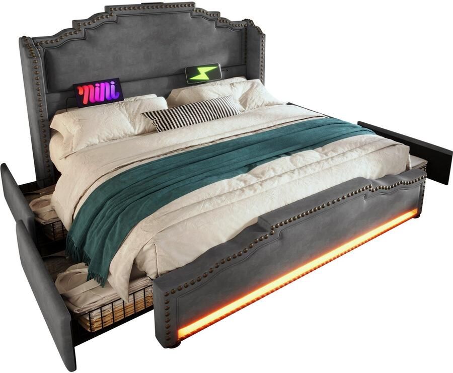 Merax Gestoffeerd Bed 180x200 cm – Bed met Opbergruimte – Luxe Fluweel – 4 Schuifladen – LED Verlichting met Afstandsbediening – USB & Type-C Oplaadpunt – Zonder Matras – Grijs