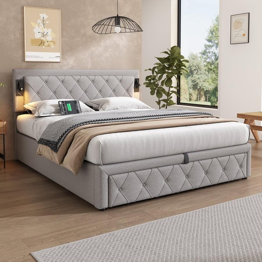 Merax Gestoffeerd bed 180x200 cm met downlight en USB-poort met opbergruimte tweepersoonsbed grijs zonder matras