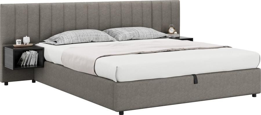 Merax Gestoffeerd Bed 180x200 cm met Hydraulische Opbergruimte en Twee Nachtkastjes Inclusief Lattenbodem Grijs Zwart Linnen